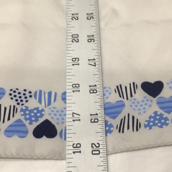 Blue & black patterned hearts border white silk scarf EUC - Picture 2 of 4